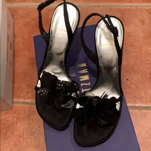 Stuart Weitzman satin and feather heels